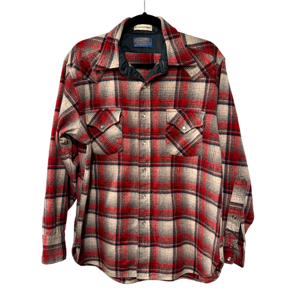 Pendleton L Western Canyon 100% Wool Flannel Shirt Snap Buttons Plaid Red Gray - Picture 1 of 8